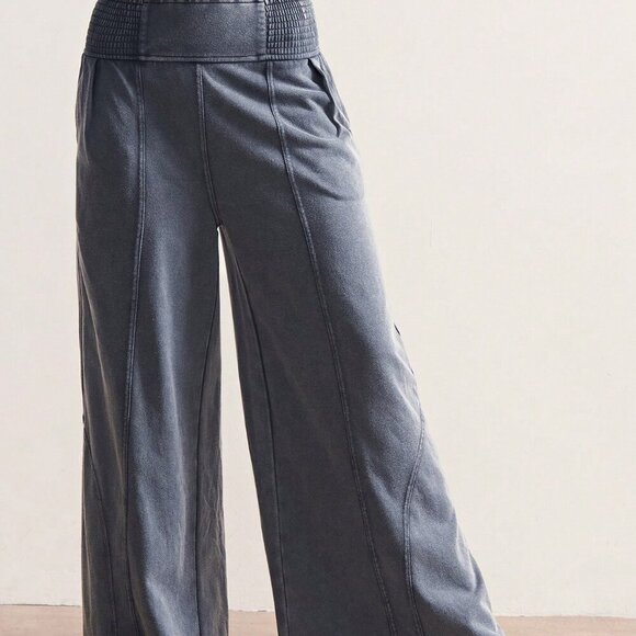 Grey Casual Women's Loose Wide Leg Washed Pants - Picture 3 of 7